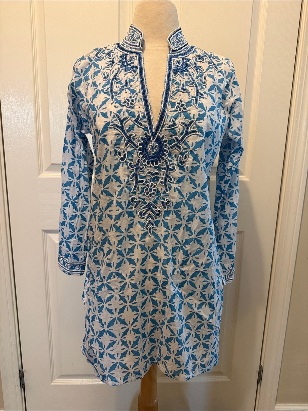 Barbara Gerwit Blue Beaded Embroidered Long Sleeve Tunic size S